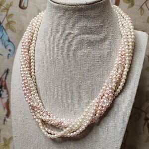 Multiple Strand Twisted Vintage Light Pink Faux Pearls Beads Delicate Necklace